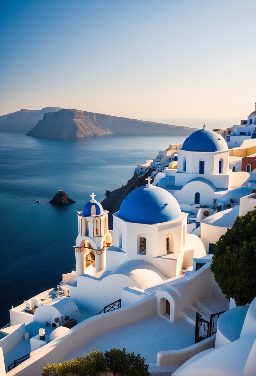 The iconic blue-domed churches and white-washed buildings of Santorini overlook the crystal-clear waters of the Aegean Sea, creating a picturesque and romantic honeymoon destination