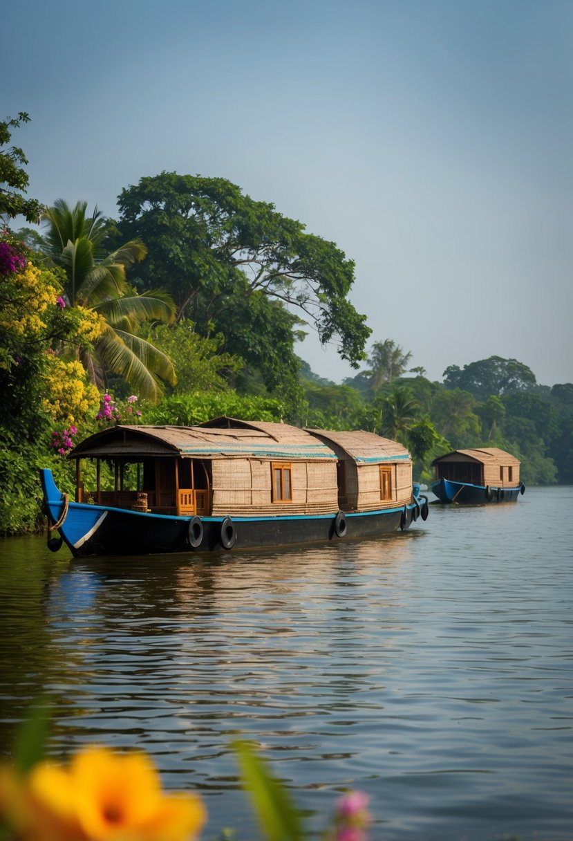 A serene Kerala backwater scene with traditional houseboats floating on calm waters, surrounded by lush greenery and colorful flowers