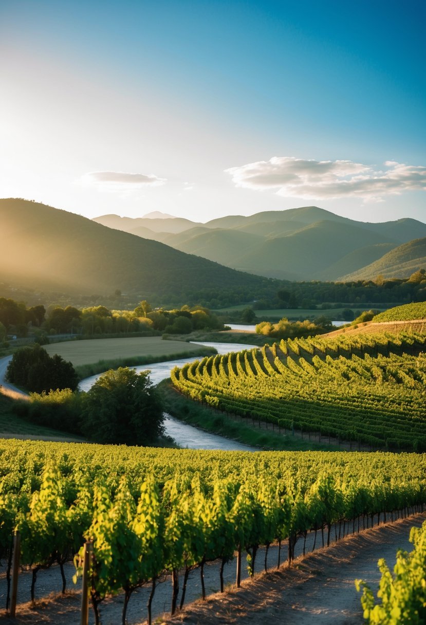 Rolling vineyards under golden sunlight, with a backdrop of lush mountains and a serene river winding through the landscape