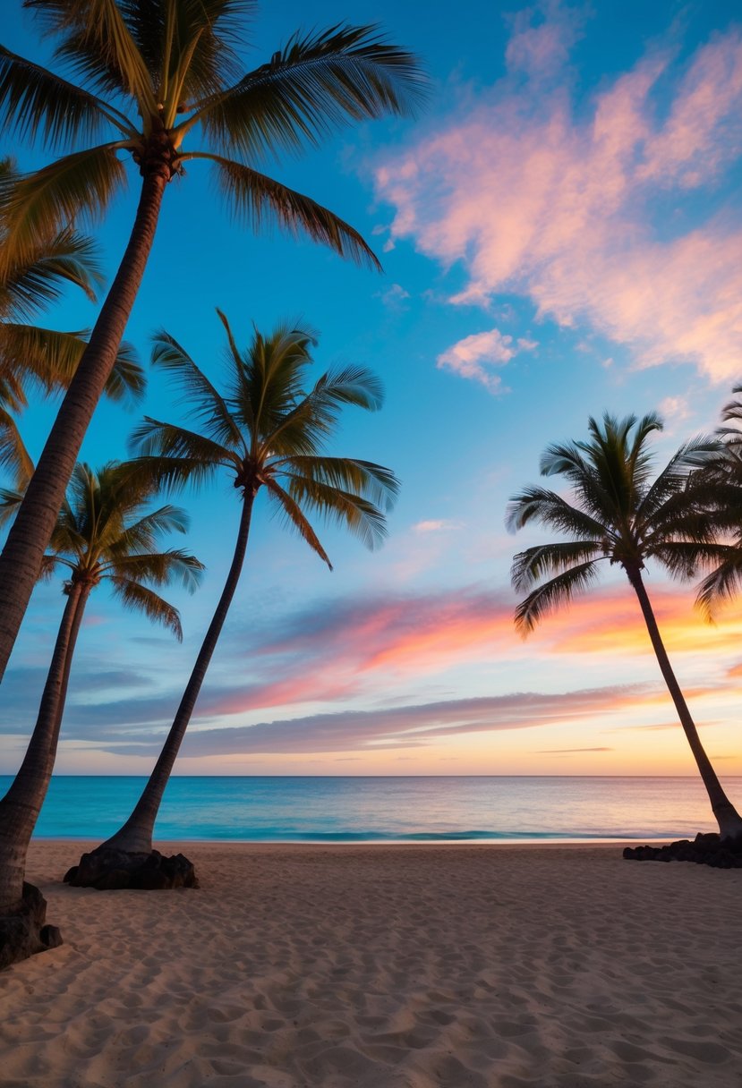 A serene beach at sunset with palm trees, clear blue waters, and a colorful sky in Maui, Hawaii