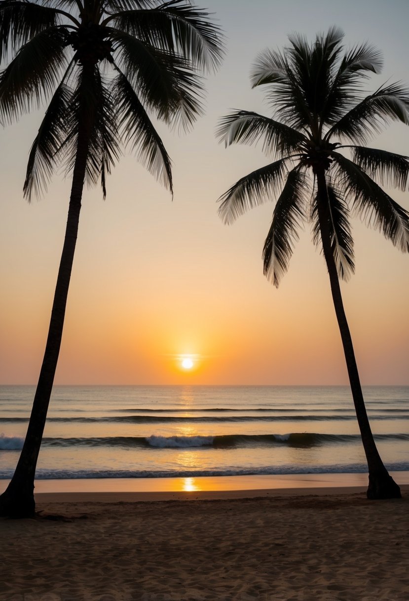 Sunset over a serene beach in Goa, with palm trees, golden sand, and calm waves, perfect for a honeymoon getaway in India
