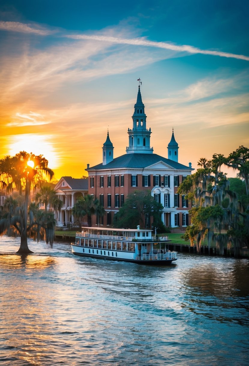 A romantic sunset over the historic buildings and moss-draped oak trees of Savannah, Georgia, with a riverboat passing by on the Savannah River