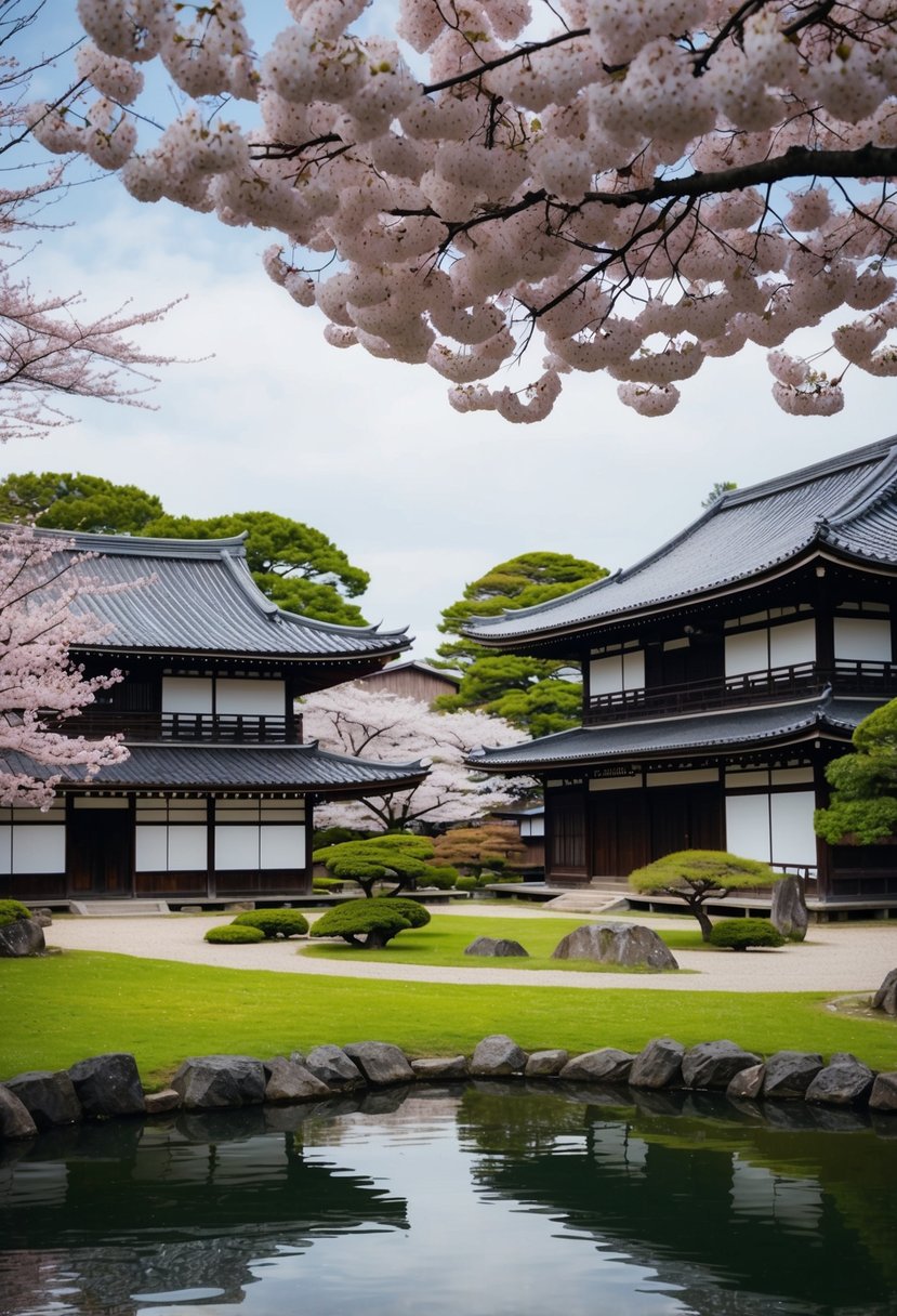 A serene Kyoto garden with traditional wooden buildings, cherry blossom trees, and a tranquil pond