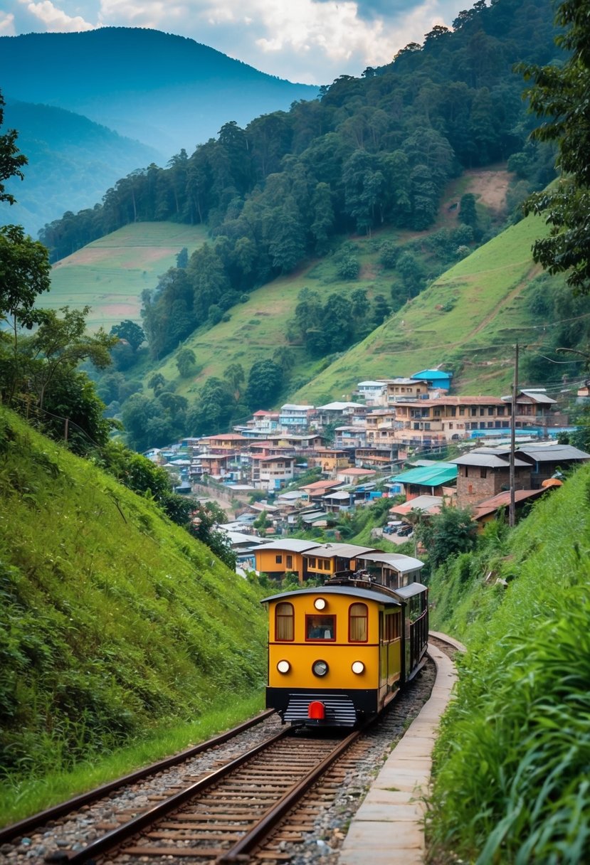 A toy train winds through the scenic hills of Shimla, passing by lush greenery and charming villages, making it a perfect honeymoon destination in India