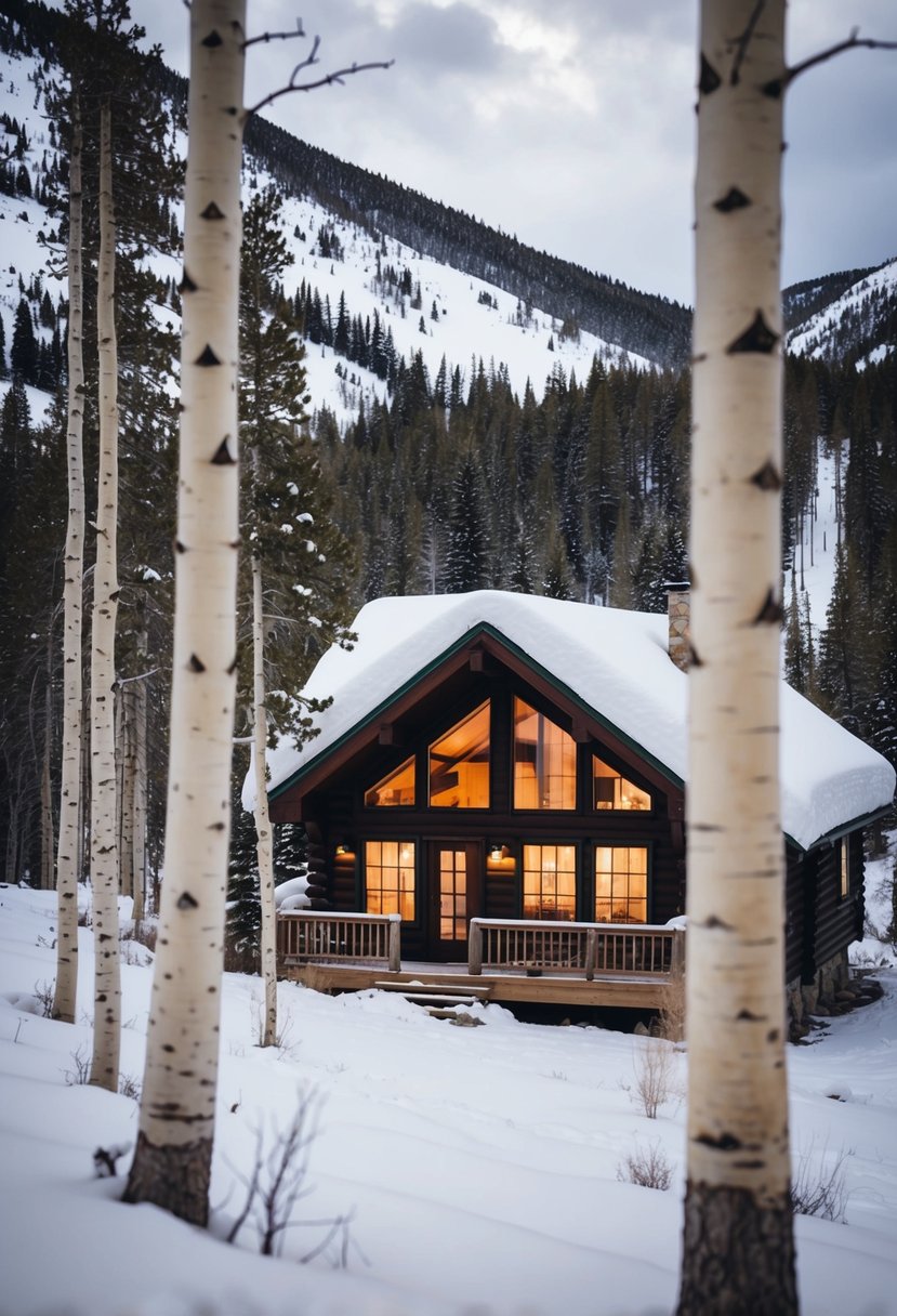 A cozy cabin nestled among snow-covered aspen trees in the Colorado mountains. A couple's honeymoon retreat