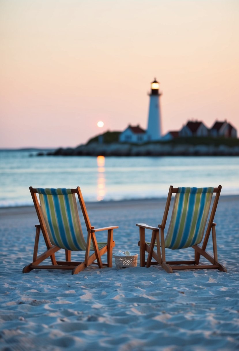 A serene beach on Nantucket Island, with a lighthouse in the distance and a couple of beach chairs set up for a romantic evening