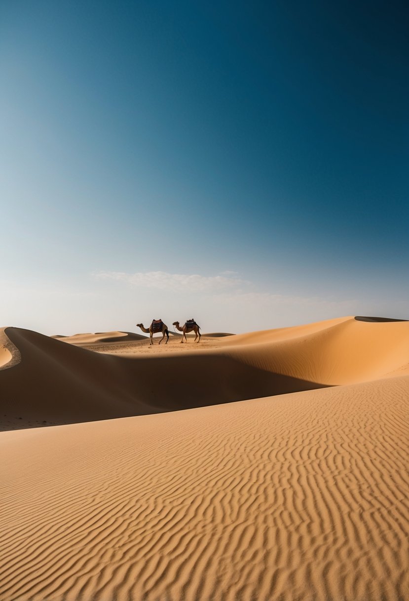 Golden sand dunes stretch to the horizon under a clear blue sky, with a solitary camel caravan in the distance