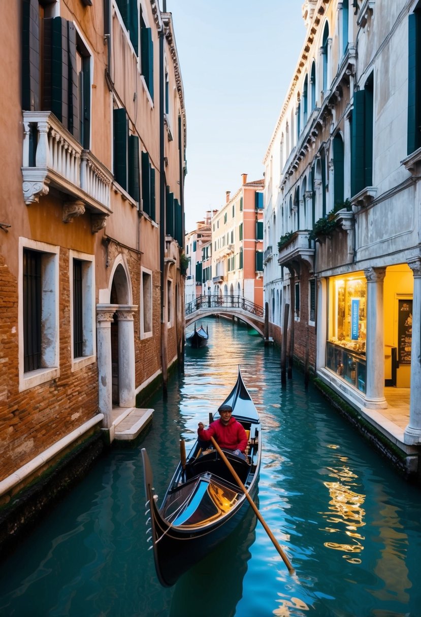 A gondola glides through the narrow canals of Venice, passing by ancient buildings and colorful storefronts