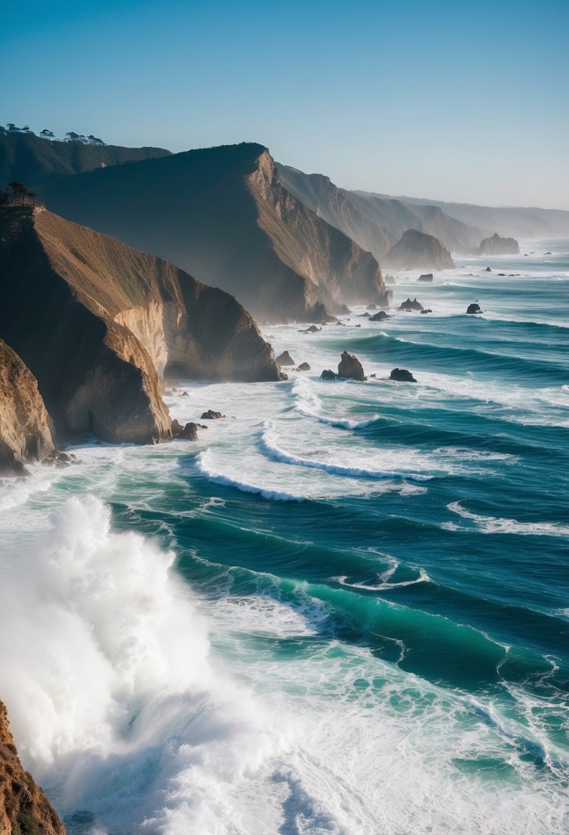 A rugged coastline with towering cliffs and crashing waves in Big Sur, California, USA