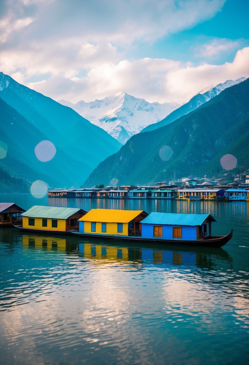 A serene Dal Lake in Kashmir, with colorful houseboats and snow-capped mountains in the background