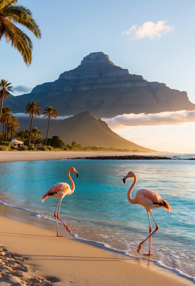 A serene beach at sunset with Table Mountain in the background, palm trees swaying in the breeze, and a couple of flamingos wading in the crystal-clear waters