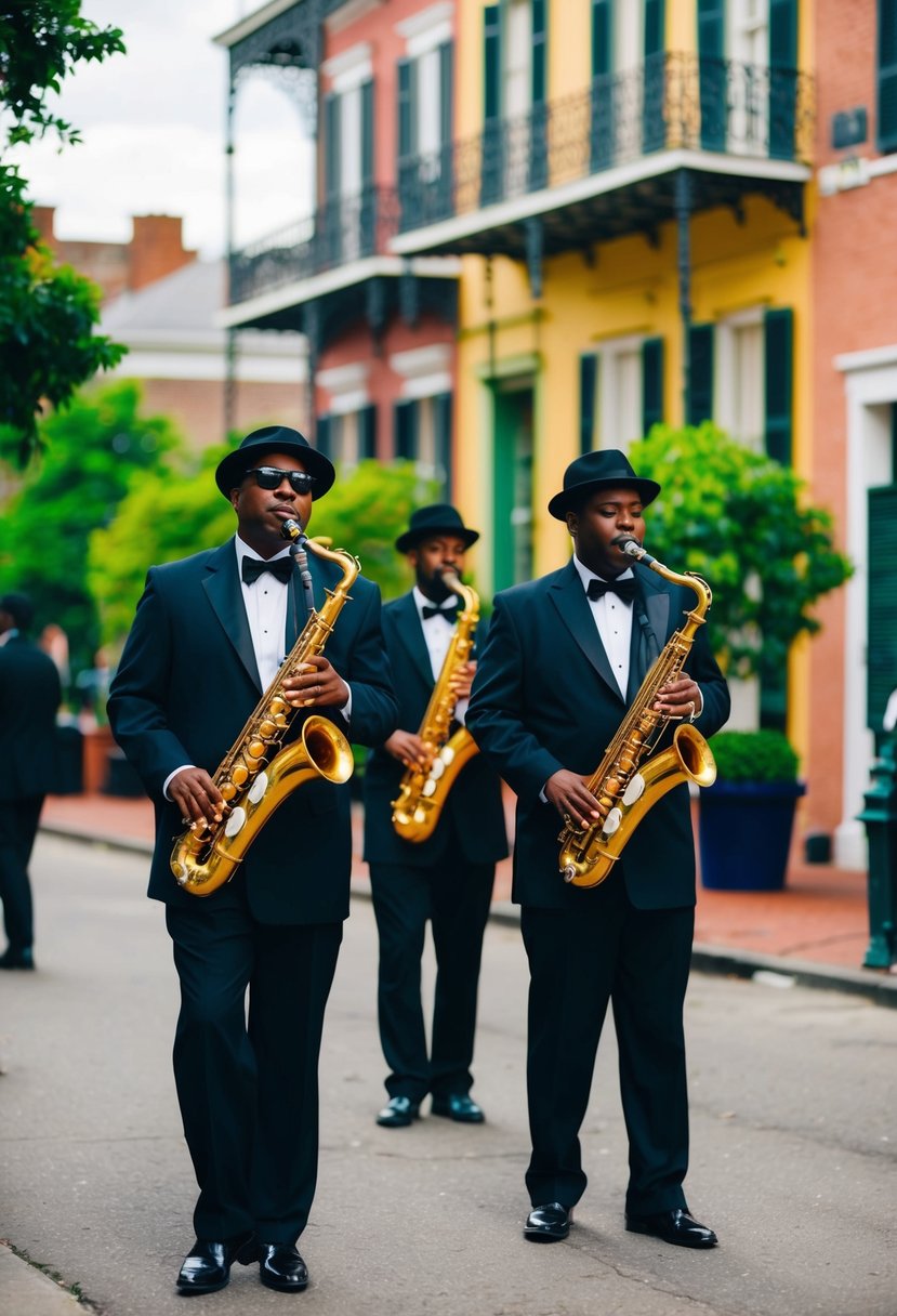 A vibrant jazz band plays in the streets of New Orleans, while colorful buildings and lush greenery fill the background
