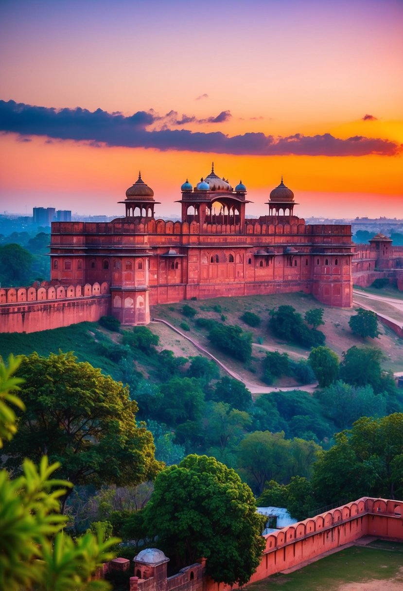 The majestic Amer Fort in Jaipur, India, stands proudly against a vibrant sunset, surrounded by lush greenery and overlooking the city below