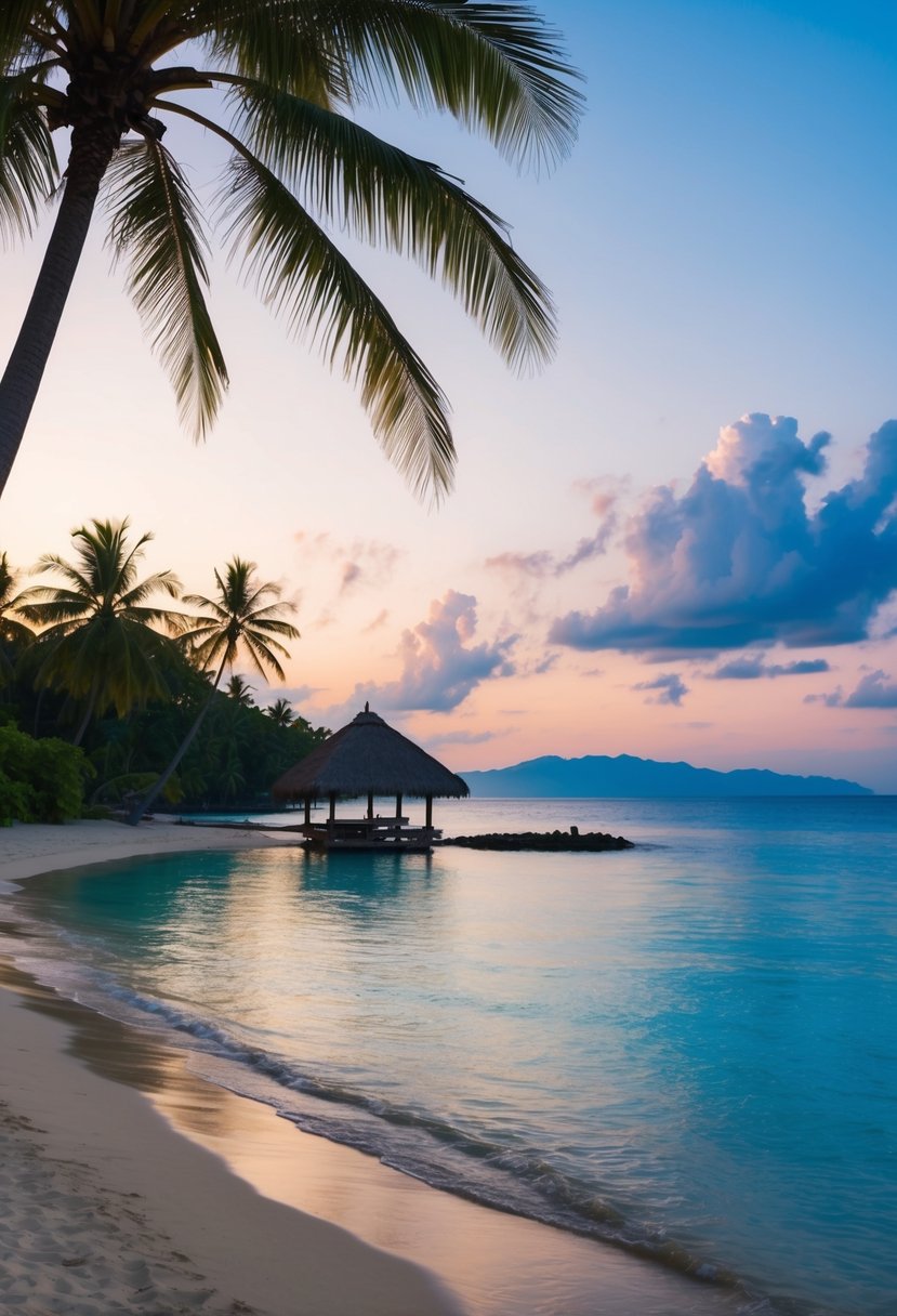 A tranquil beach at sunset with palm trees, clear blue water, and a traditional Balinese hut on the shore