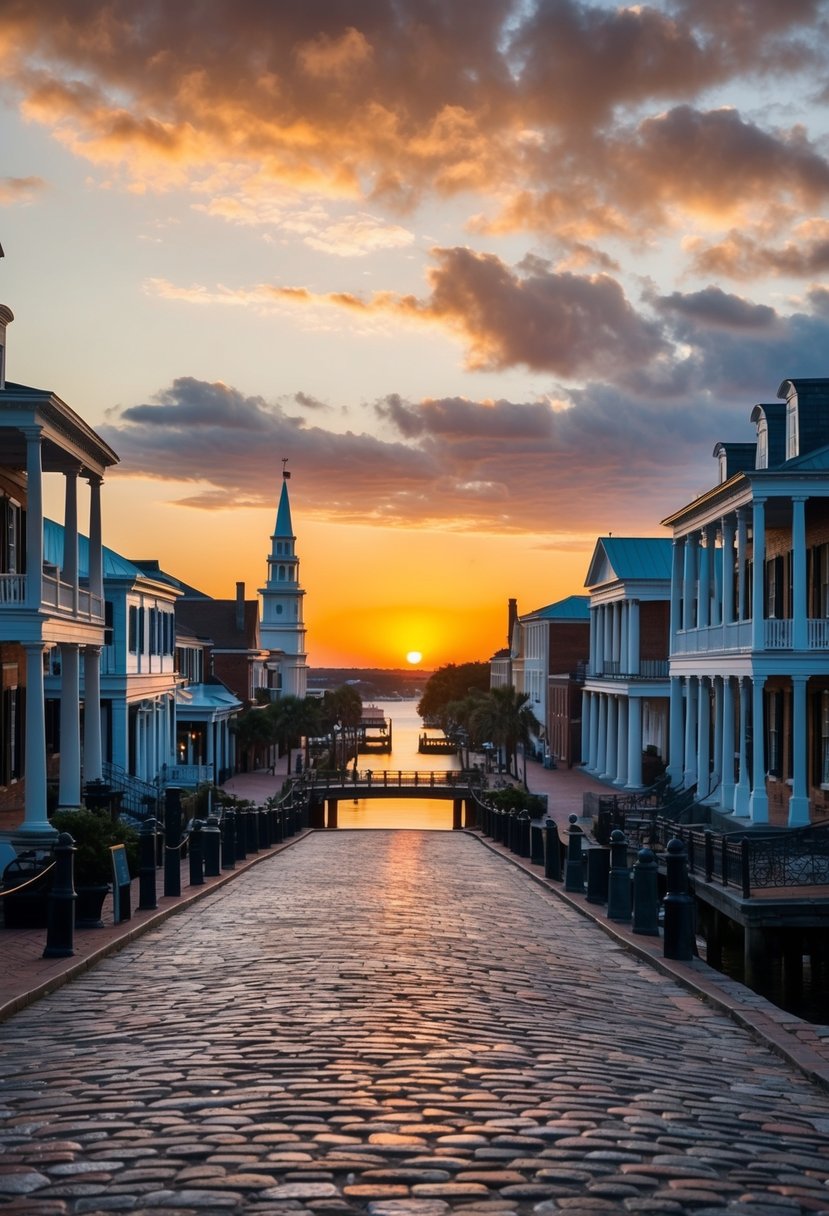 A picturesque sunset over the historic cobblestone streets of Charleston, South Carolina, with elegant antebellum architecture lining the waterfront