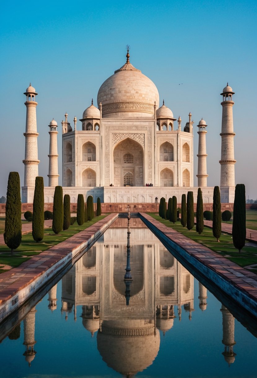 The Taj Mahal in Agra, India, stands majestically against a clear blue sky, surrounded by lush gardens and reflecting in the calm waters of the adjacent river