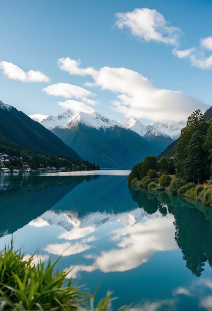 A serene lake surrounded by snow-capped mountains and lush greenery in Queenstown, New Zealand