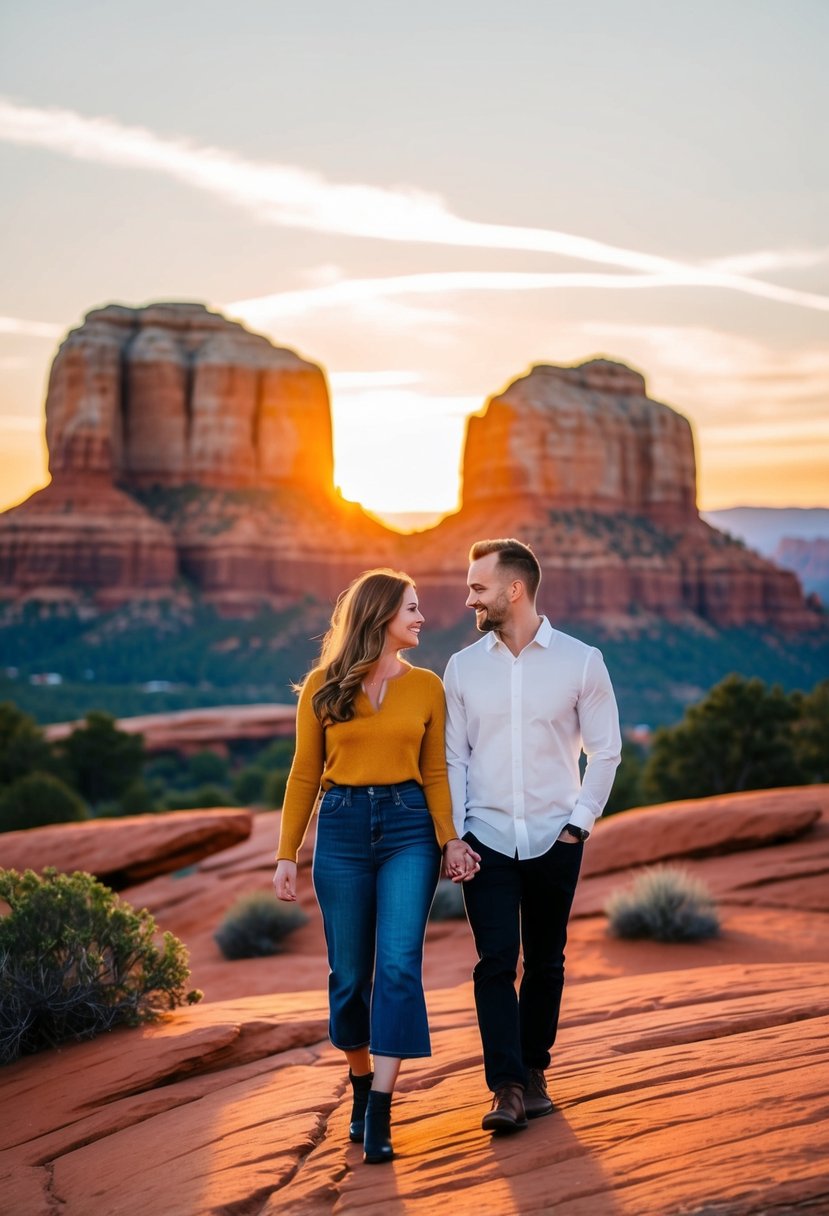 A couple strolling through the red rock formations of Sedona, Arizona at sunset