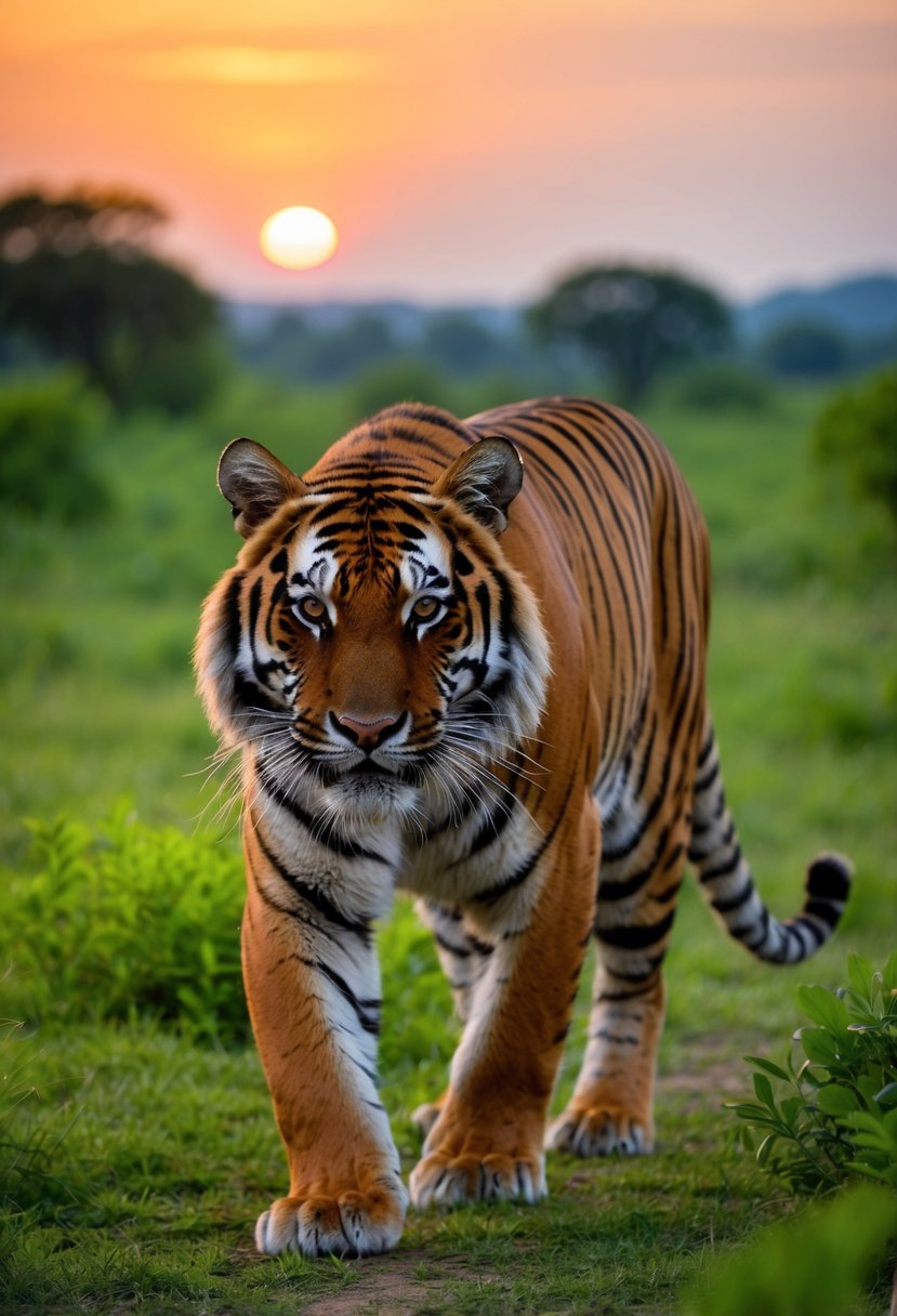 A tiger prowls through the lush greenery of Ranthambore National Park, with a picturesque sunset in the background