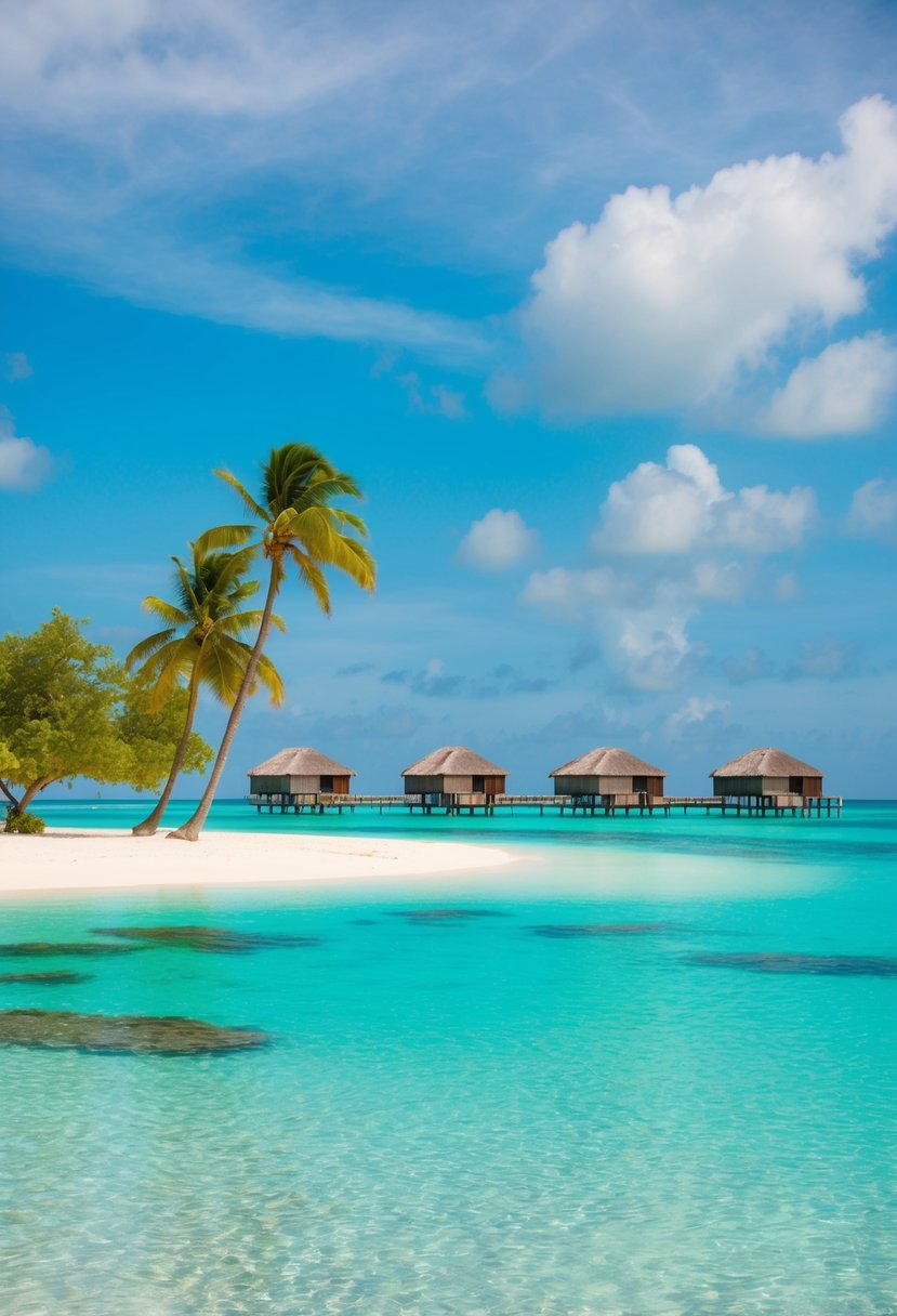 A serene beach with crystal-clear turquoise water, palm trees, and overwater bungalows, surrounded by colorful coral reefs in the Maldives