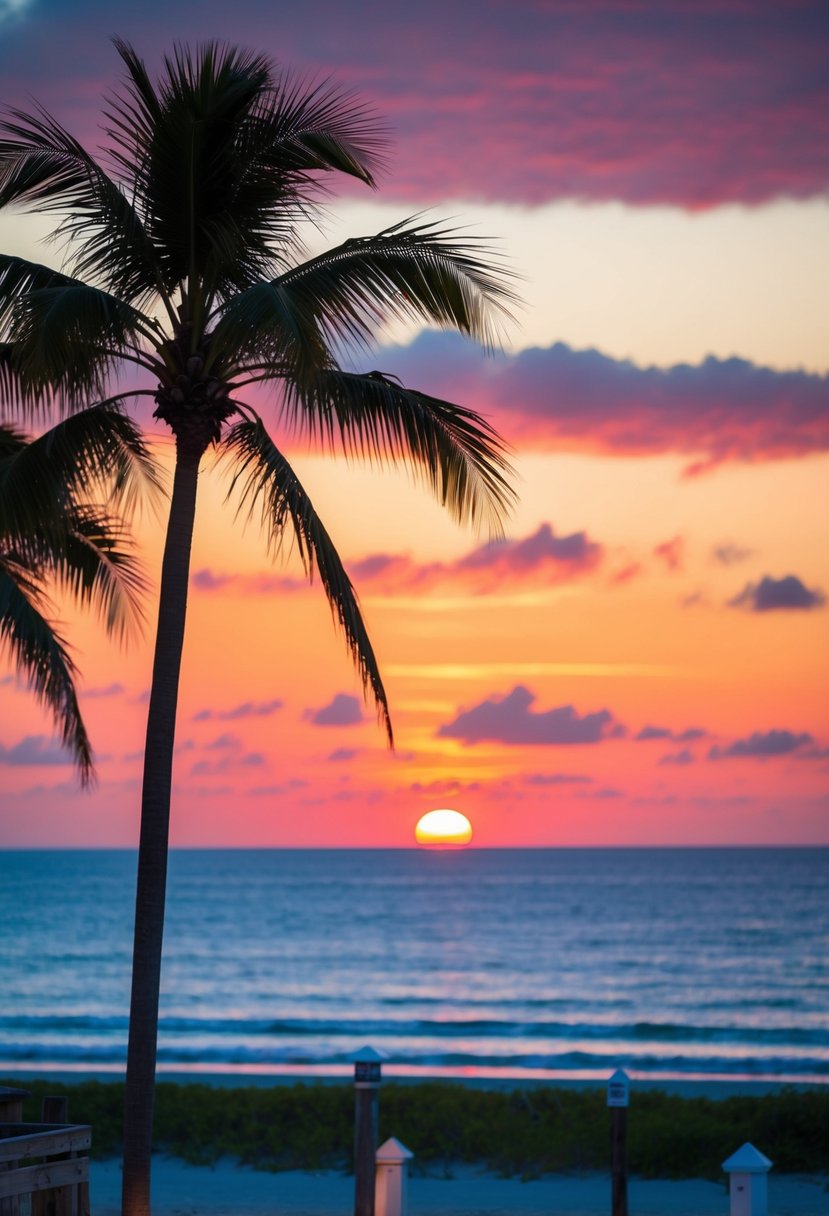 A vibrant sunset over palm-lined beaches in Key West, Florida