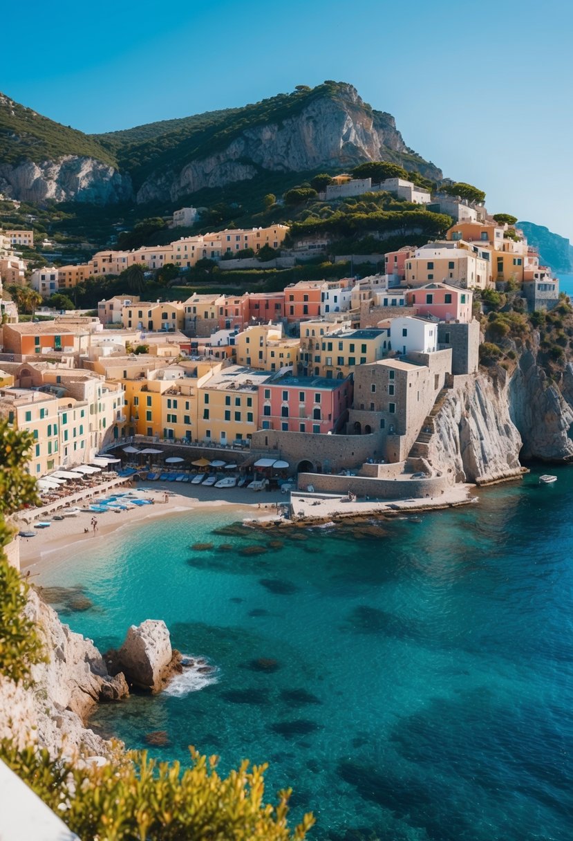A picturesque coastal town with colorful buildings nestled against steep cliffs overlooking the crystal-clear waters of the Mediterranean Sea