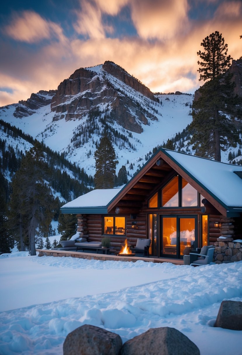 A cozy cabin nestled in the snowy mountains of Jackson Hole, Wyoming, with a warm fire burning inside and a stunning view of the surrounding wilderness
