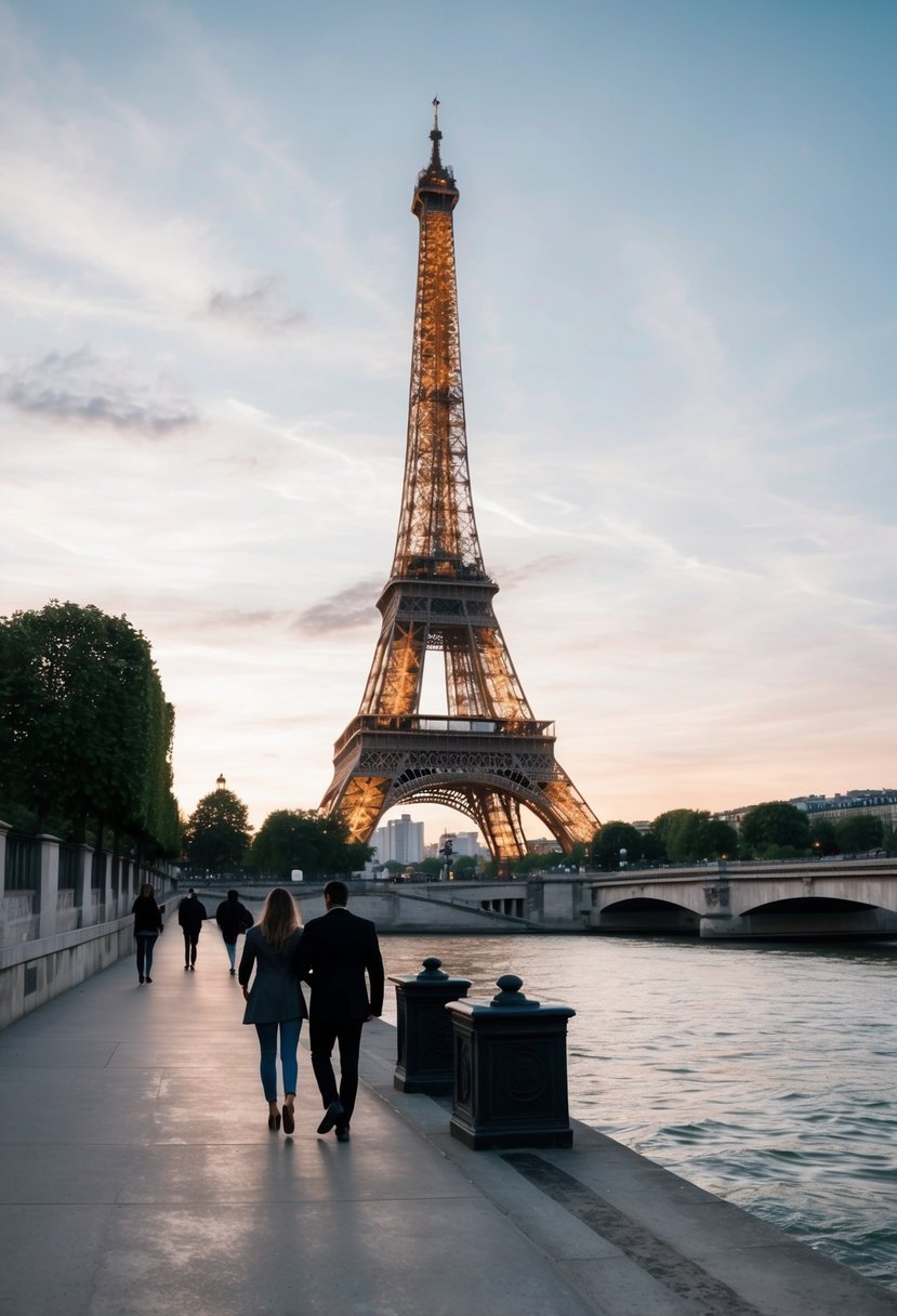A romantic view of the Eiffel Tower at dusk with a couple strolling along the Seine River