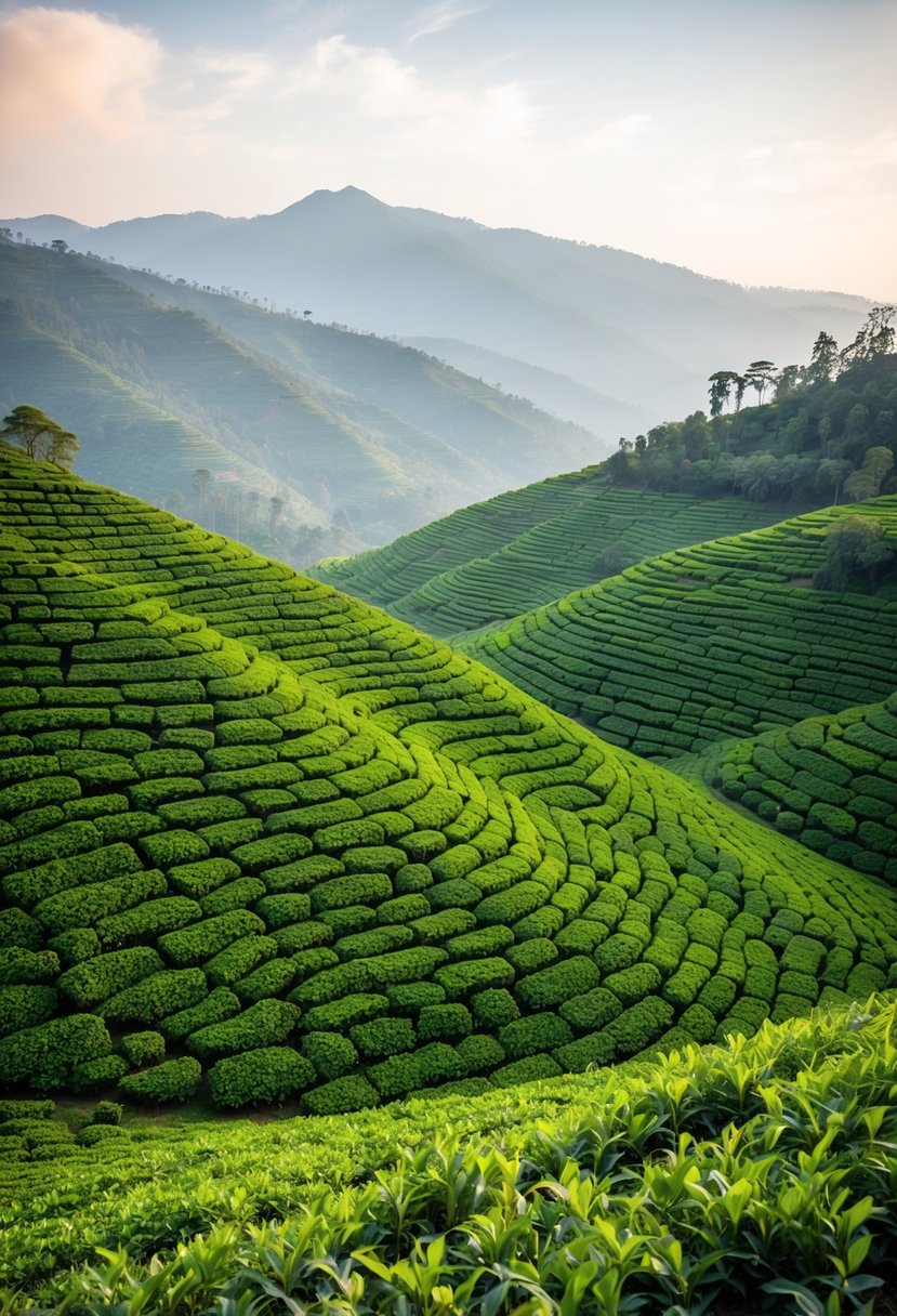 Rolling hills of lush green tea gardens in Darjeeling, India. A serene and romantic setting for honeymooners to explore and relax