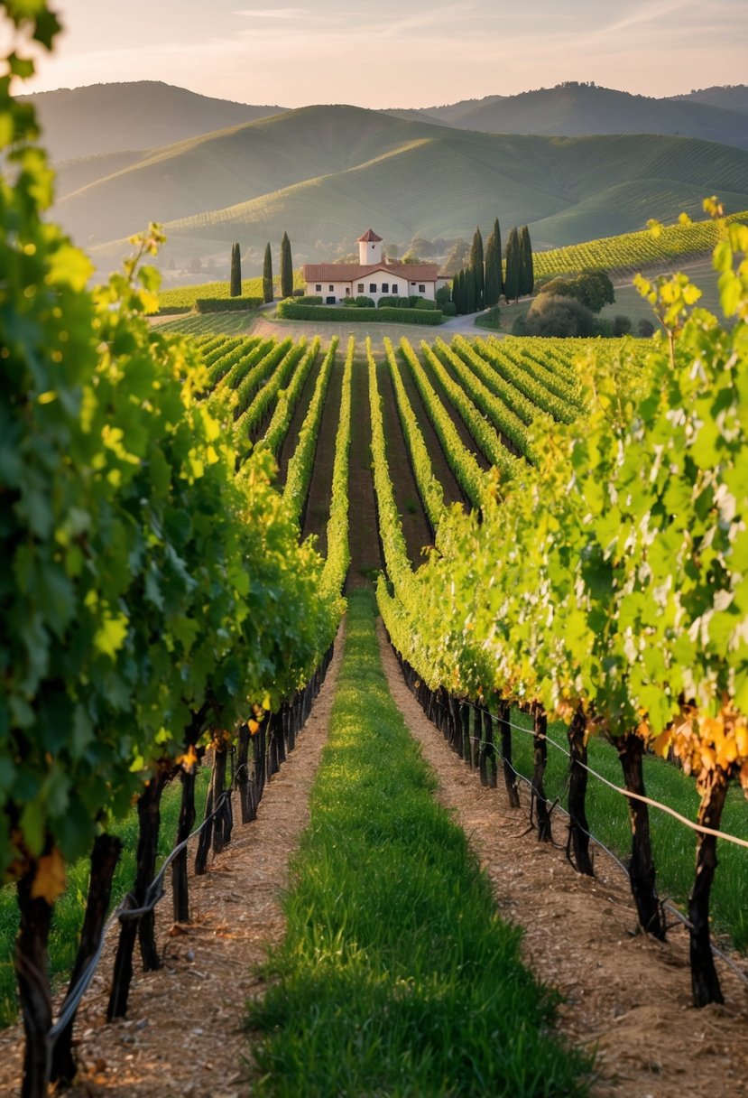 A serene vineyard in Sonoma, California, with rolling hills, lush grapevines, and a picturesque winery in the distance