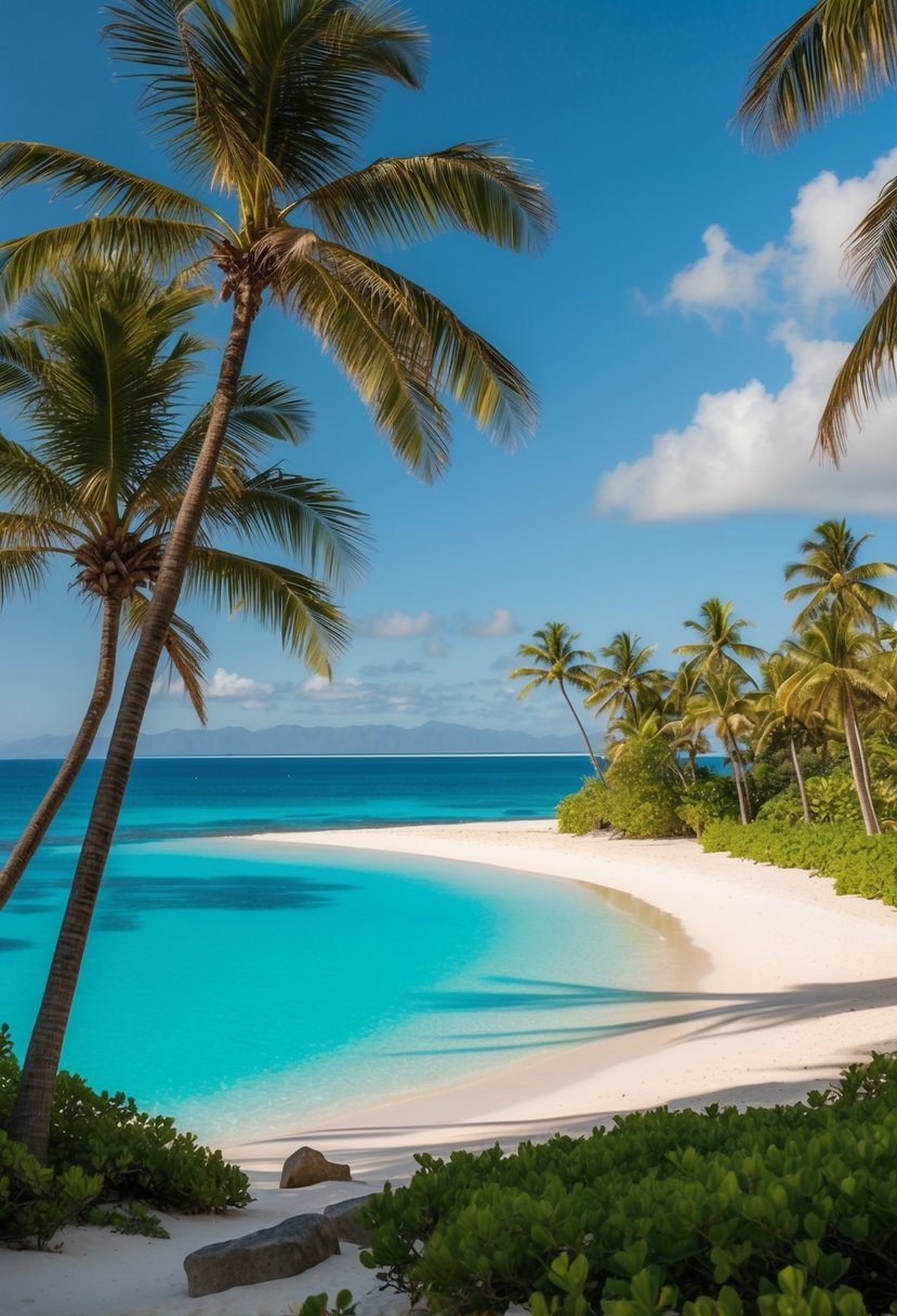 A secluded beach with white sand, crystal-clear turquoise waters, and palm trees lining the shore on the Fiji Islands