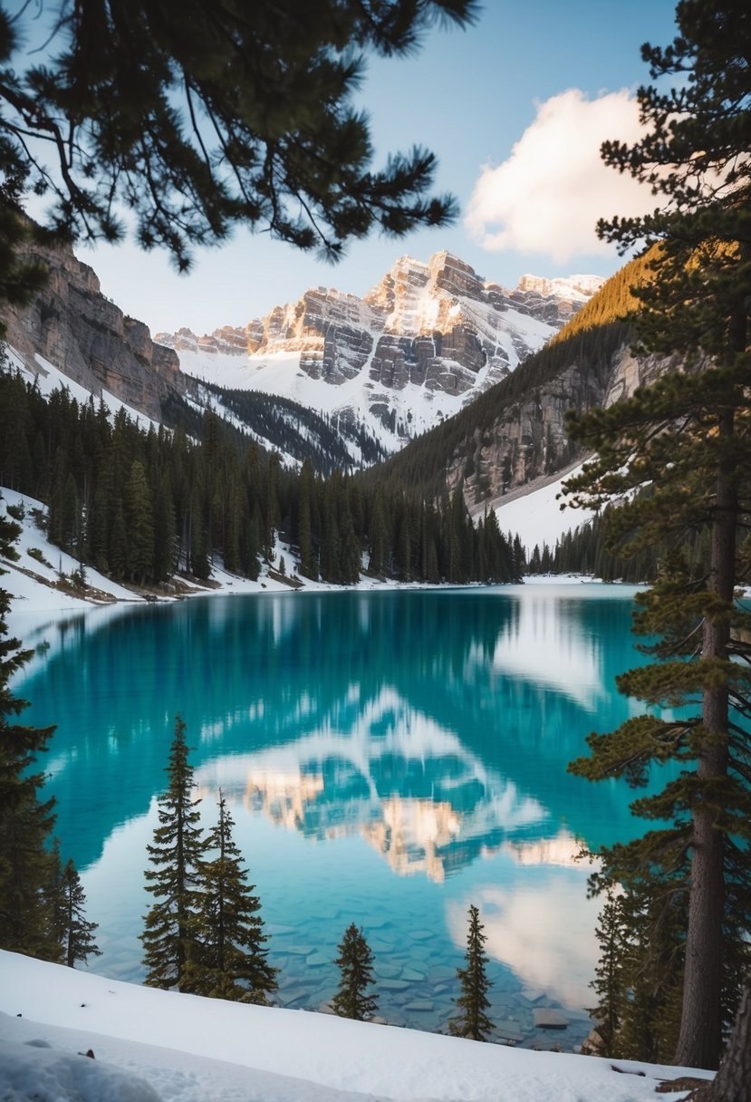 Crystal clear lake surrounded by snow-capped mountains and pine trees, with a serene and romantic atmosphere