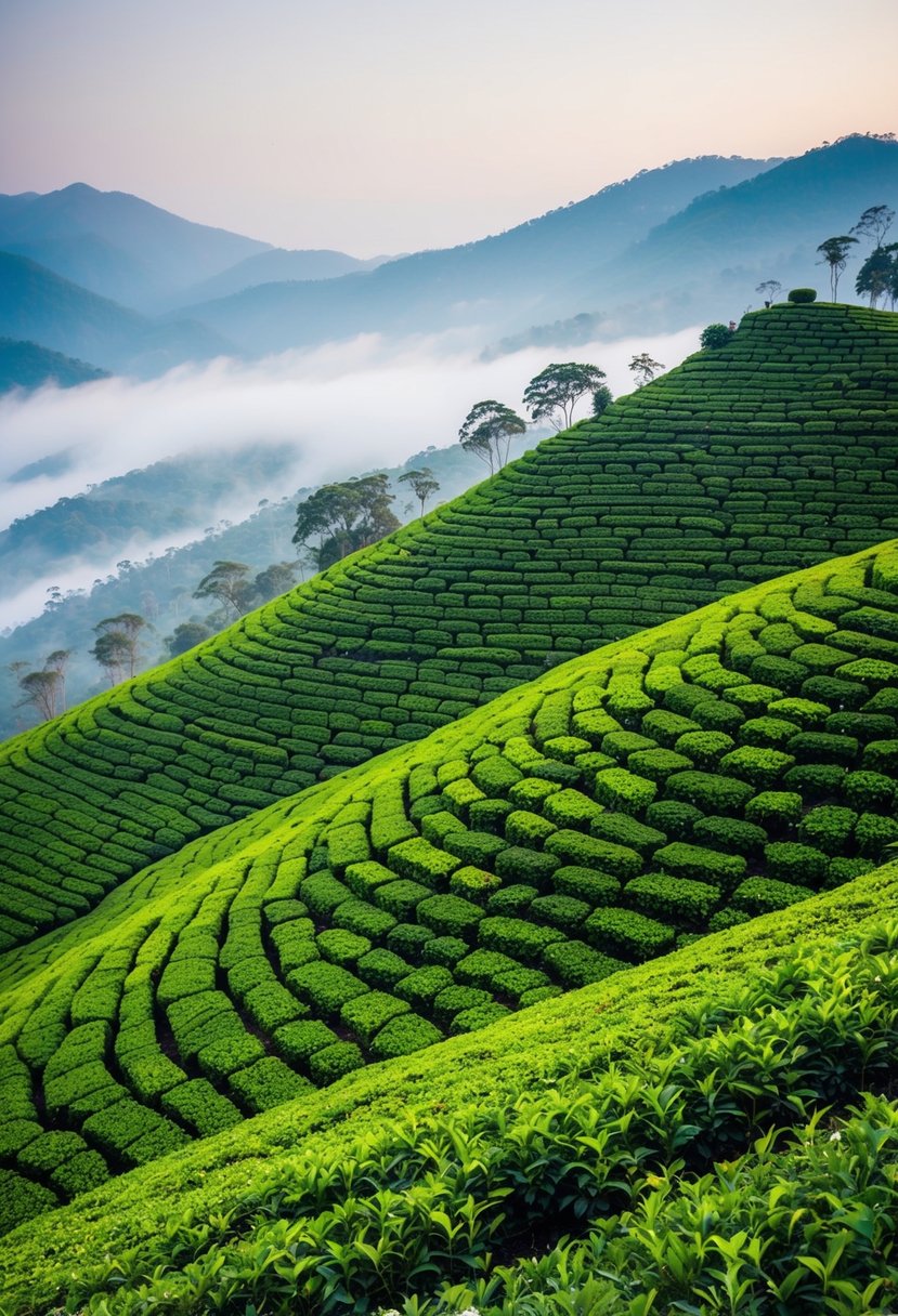 Rolling hills of lush green tea plants in Munnar, India, with misty mountains in the background, creating a serene and romantic atmosphere for honeymooners
