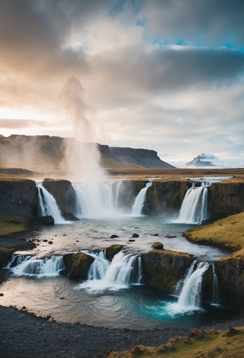 A serene landscape of rugged cliffs, cascading waterfalls, and geothermal hot springs in Iceland