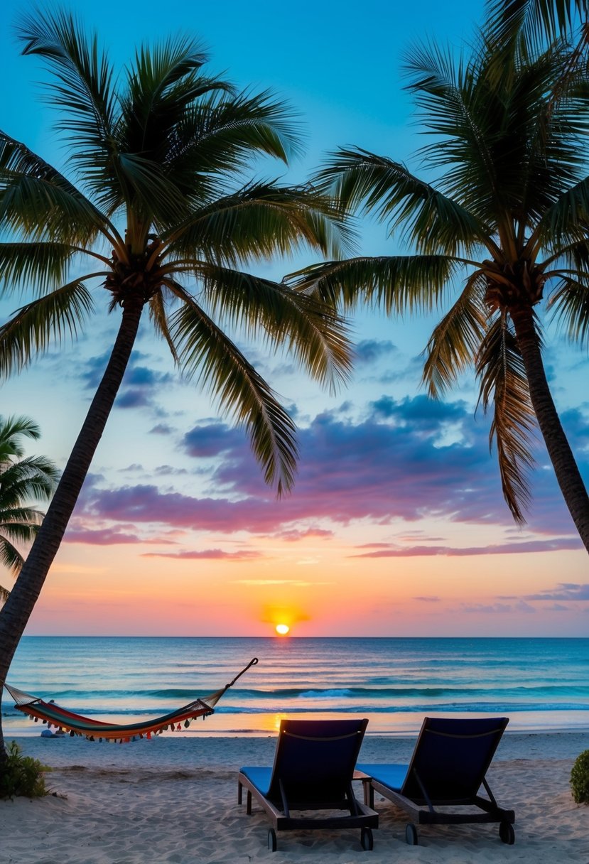 A picturesque beach with palm trees and a vibrant sunset over the ocean, with a couple of lounging chairs and a hammock