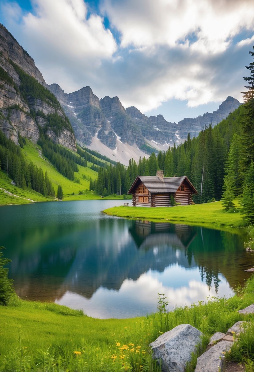 A picturesque mountain landscape with a serene lake and a charming log cabin nestled in the midst of lush greenery