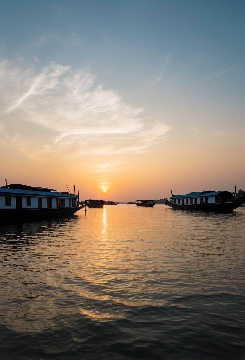 A serene sunset over the tranquil backwaters of Alleppey, with traditional houseboats gliding along the waterways