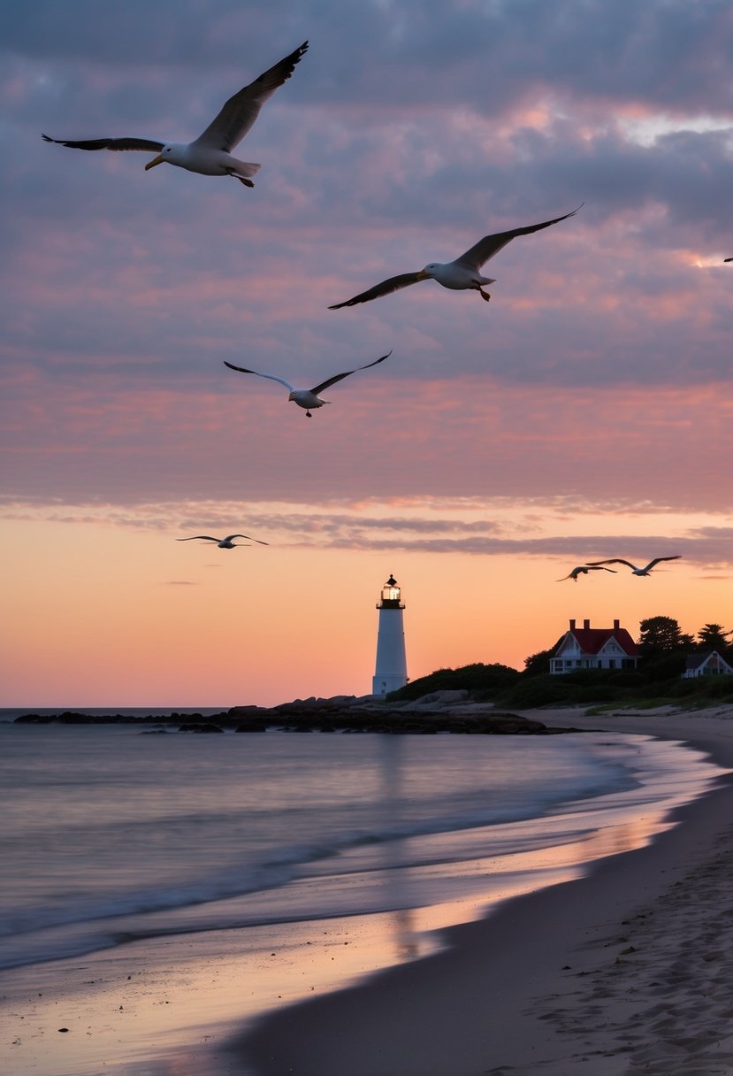 A serene beach at sunset, with a lighthouse in the distance and seagulls flying overhead, creating a romantic atmosphere for a honeymoon destination in Cape Cod, Massachusetts, USA