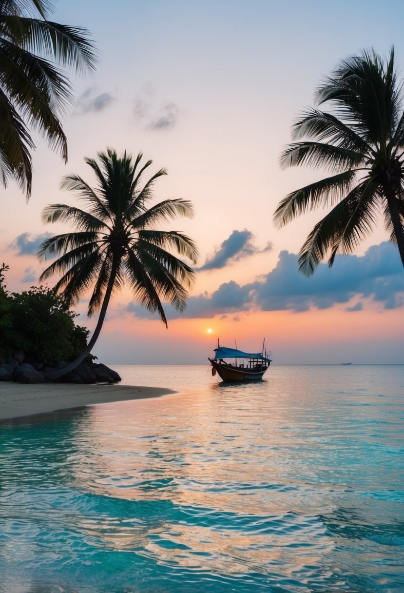 A tranquil beach at sunset, with palm trees, crystal-clear water, and a traditional dhow boat in the distance