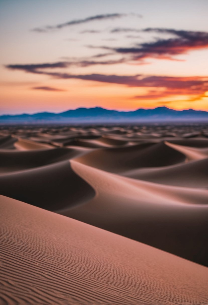 A serene desert landscape with sand dunes and a colorful sunset in the background