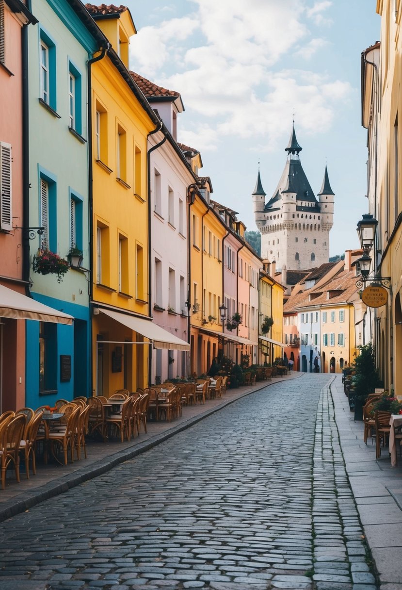 A charming cobblestone street lined with colorful buildings and cafes, with a view of a historic European castle in the distance