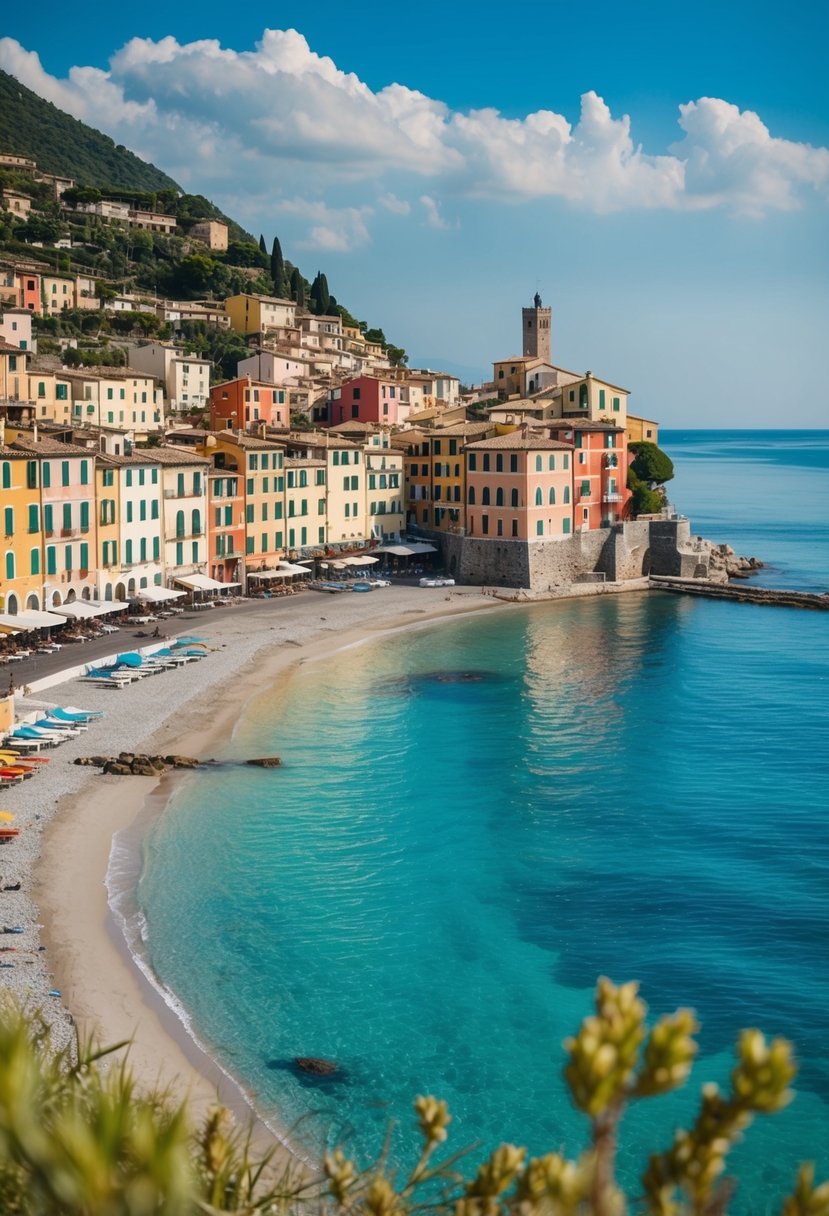 A picturesque coastal town in Italy, with colorful buildings lining the waterfront, overlooking crystal-clear waters and a sandy beach
