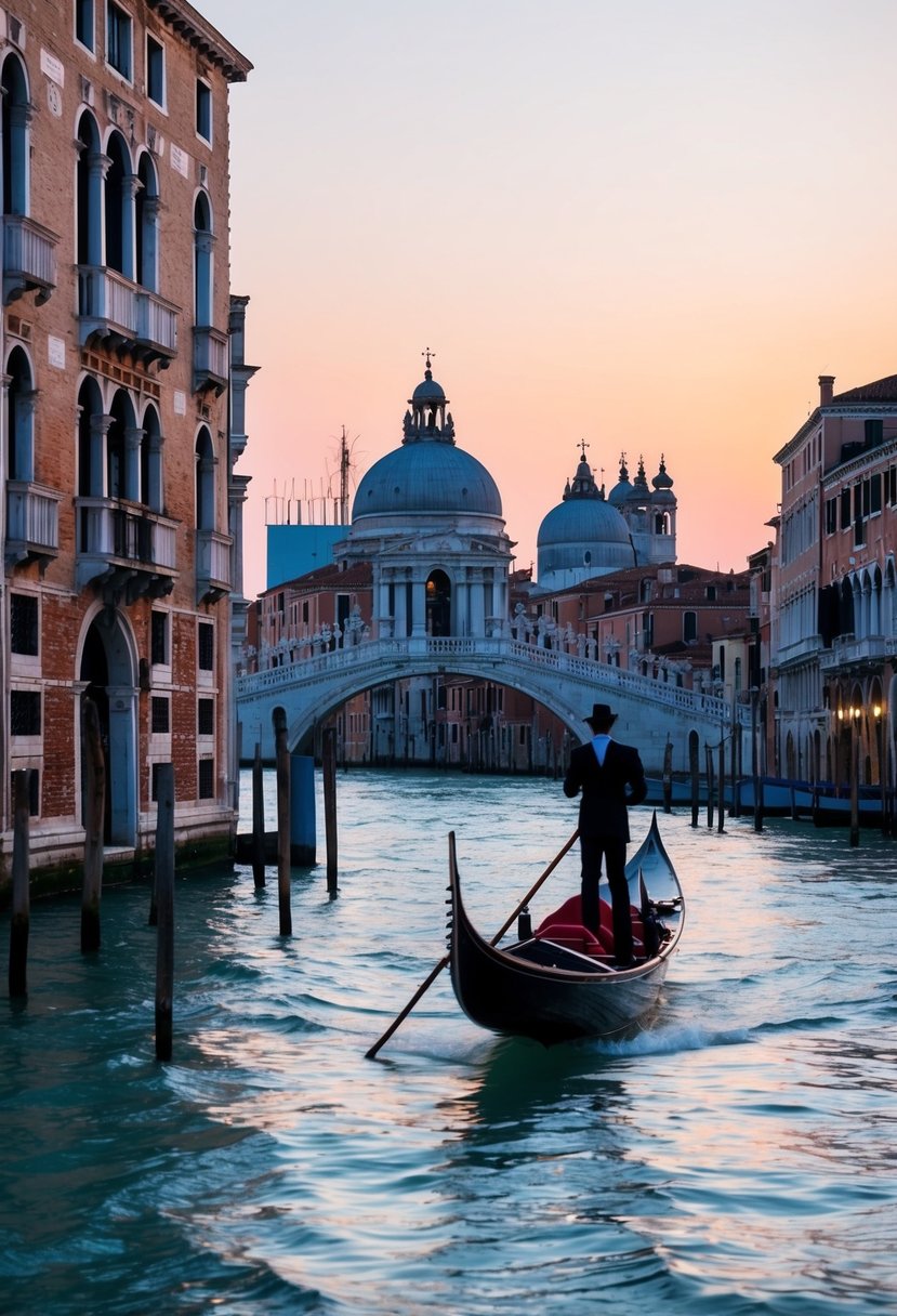 A gondola glides along the Grand Canal, passing by elegant palaces and ancient bridges under the soft glow of the setting sun in Venice, Italy