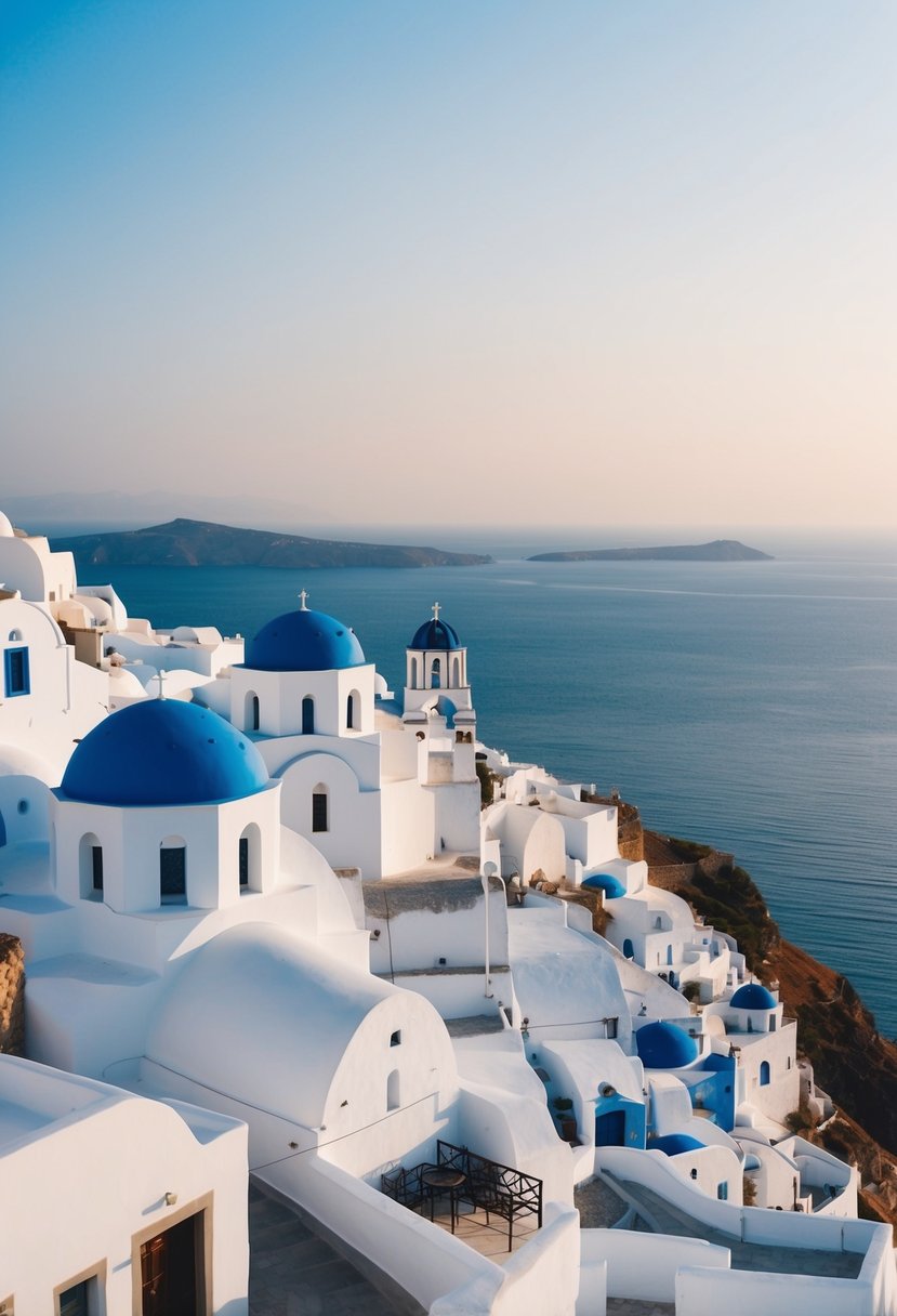 A white-washed village perched on a cliff overlooking the Aegean Sea, with blue domed churches and narrow winding streets