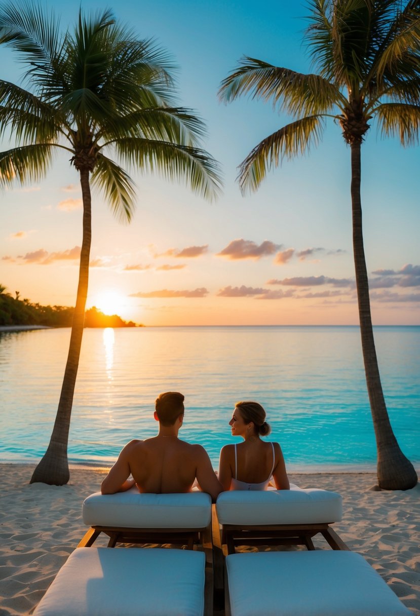 A couple lounges on a serene beach, with clear blue waters and palm trees, overlooking a picturesque sunset