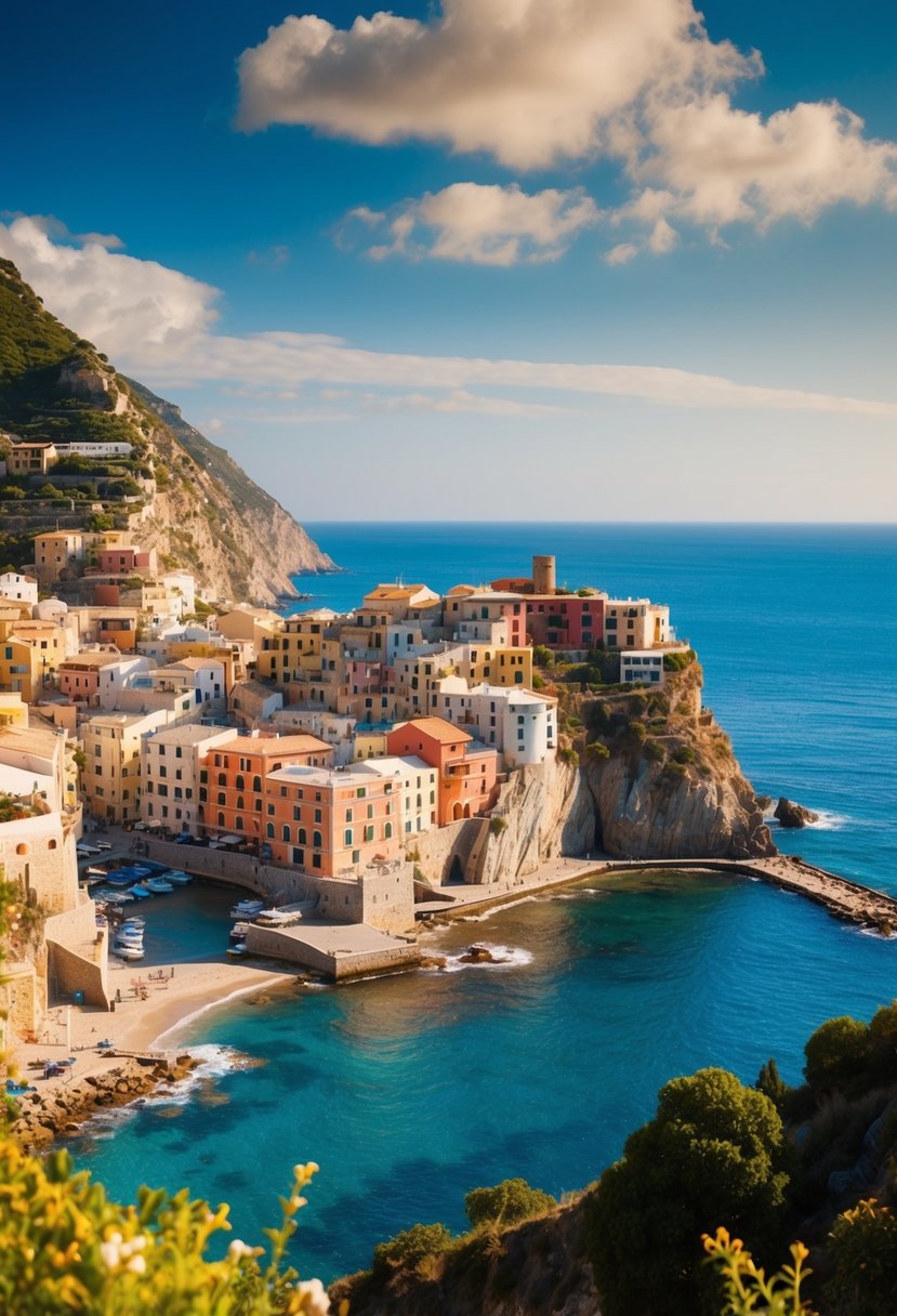 A picturesque coastal village with colorful buildings nestled between cliffs overlooking the sparkling blue sea