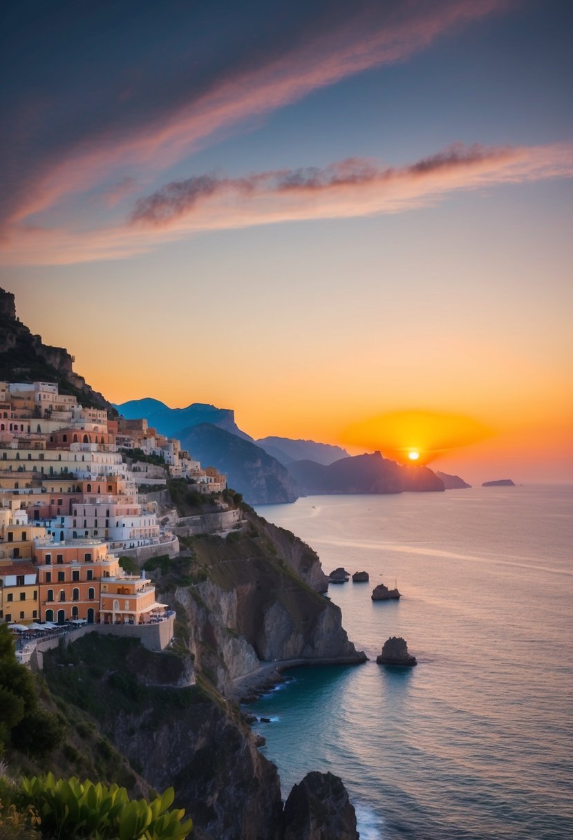 The sun setting over the rugged cliffs of the Amalfi Coast, casting a warm glow over the colorful villages nestled along the coastline
