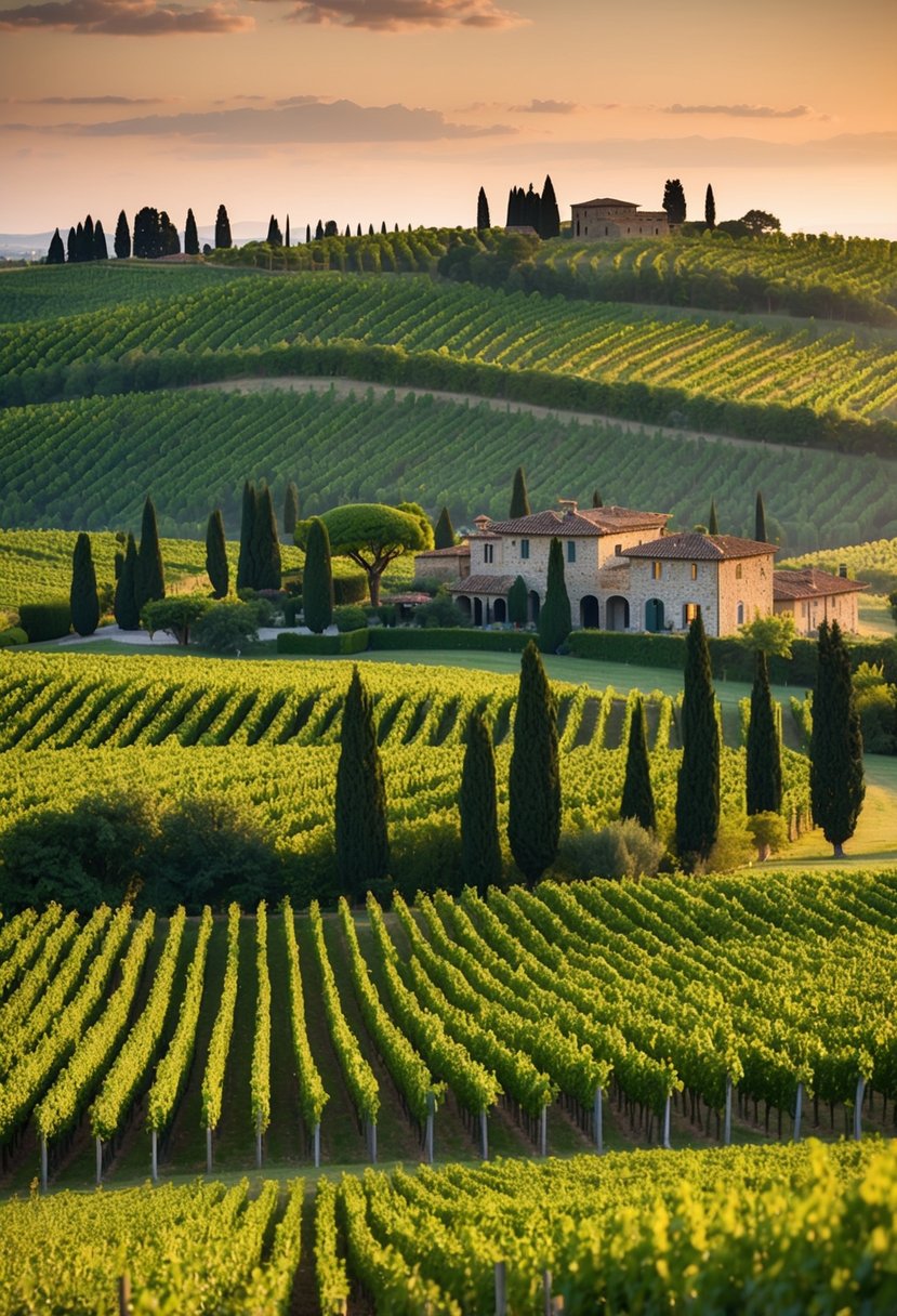 Rolling hills of lush green vineyards stretch as far as the eye can see, dotted with quaint stone villas and cypress trees under the warm Tuscan sun