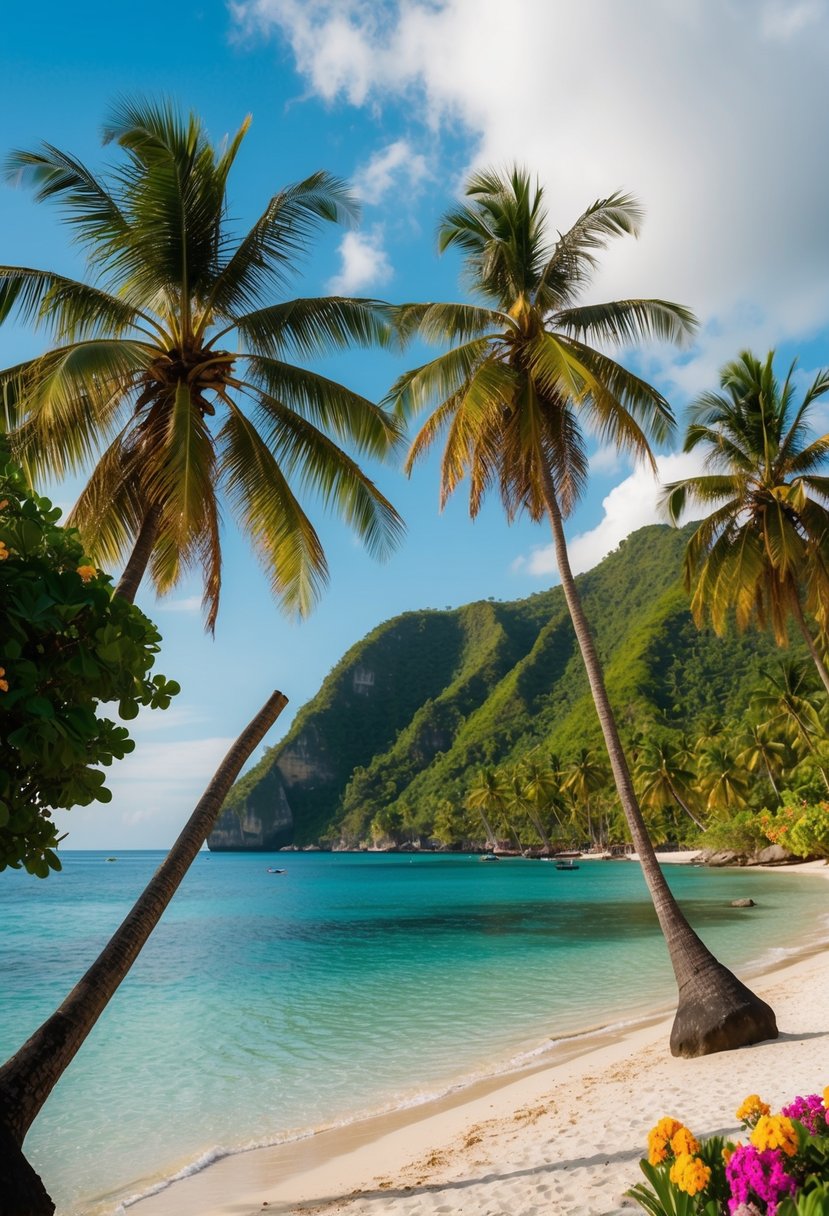 A serene beach with palm trees, crystal-clear waters, and colorful flowers, set against a backdrop of lush green hills in Bali, Indonesia
