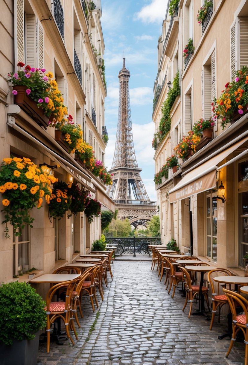 A charming Parisian cafe nestled in a cobblestone alley, with colorful flowers spilling from window boxes and the Eiffel Tower peeking in the background